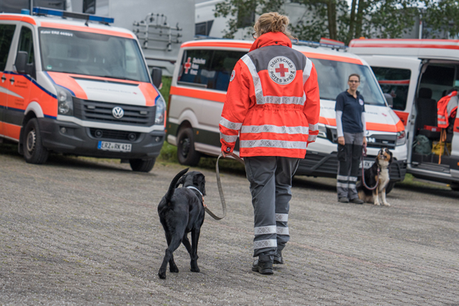 Rettungshundetam auf dem Weg zum Fahrzeug